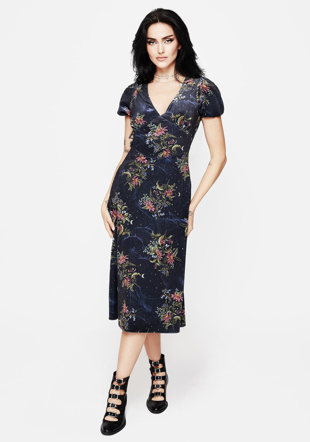 Cleome Floral Spiderweb Velour Corset Midi Dress Product Image