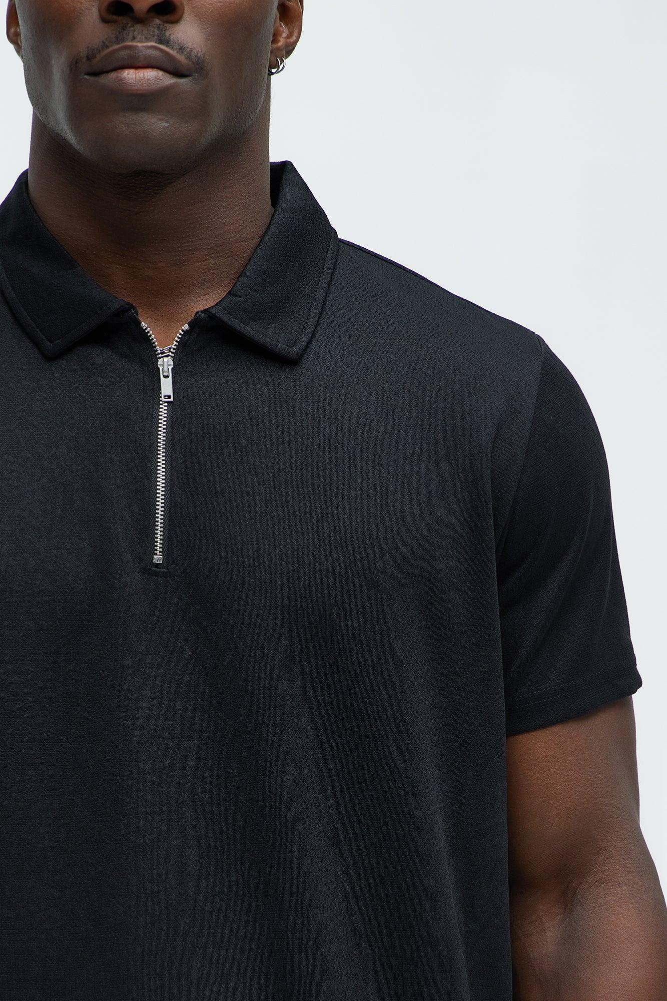 Jacquard Floral Knit Quarter Zip Polo Shirt - Black Product Image