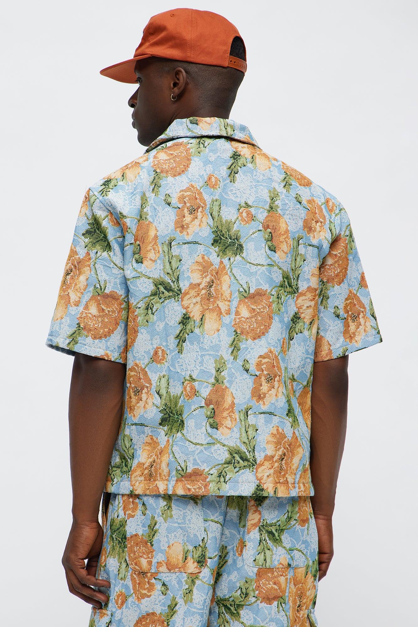 Rose Buds Tapestry Closed Collar Button Up Shirt - Blue/combo Product Image