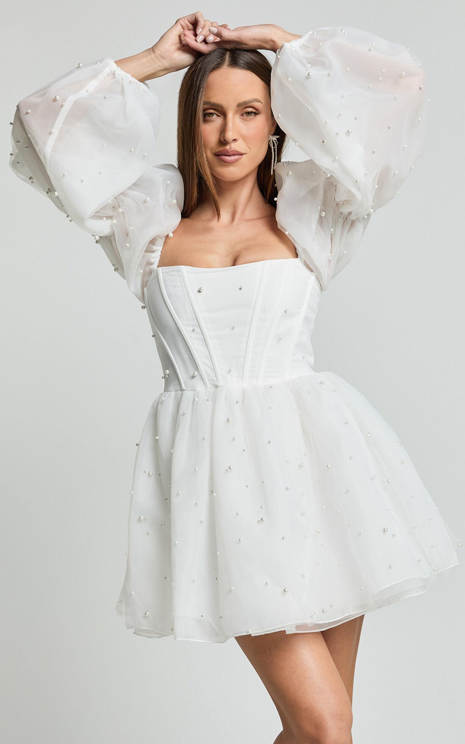 Ingrid Mini Dress - Long Puff Sleeve Pearl Detail Dress in White Product Image