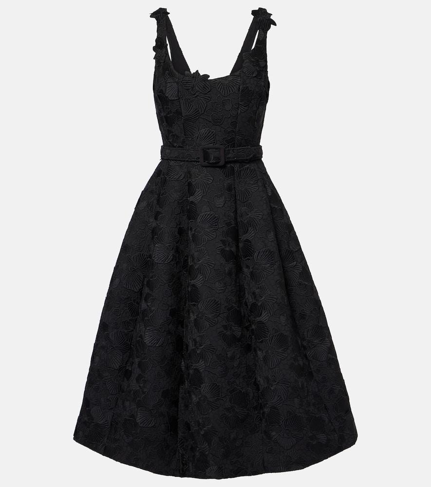 OSCAR DE LA RENTA Orchid-embroidered Guipure Midi Dress In Black Product Image