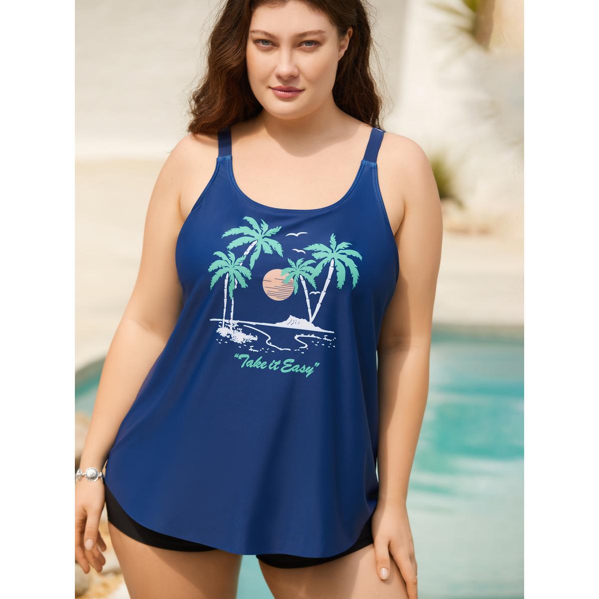 Plus Size Island Print Non-Removable Cups Swim Top Women's Swimwear Cerulean Resort High stretch Bodycon U-neck Curve Swim Tops BloomChic 22-24/3X Product Image