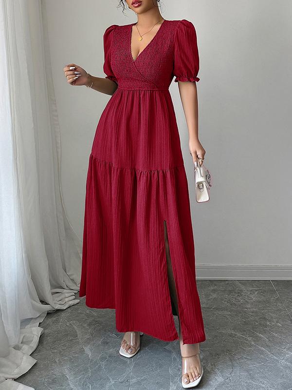 Half Sleeves High Waisted Pleated Solid Color Split-Front V-Neck Maxi Dresses Product Image