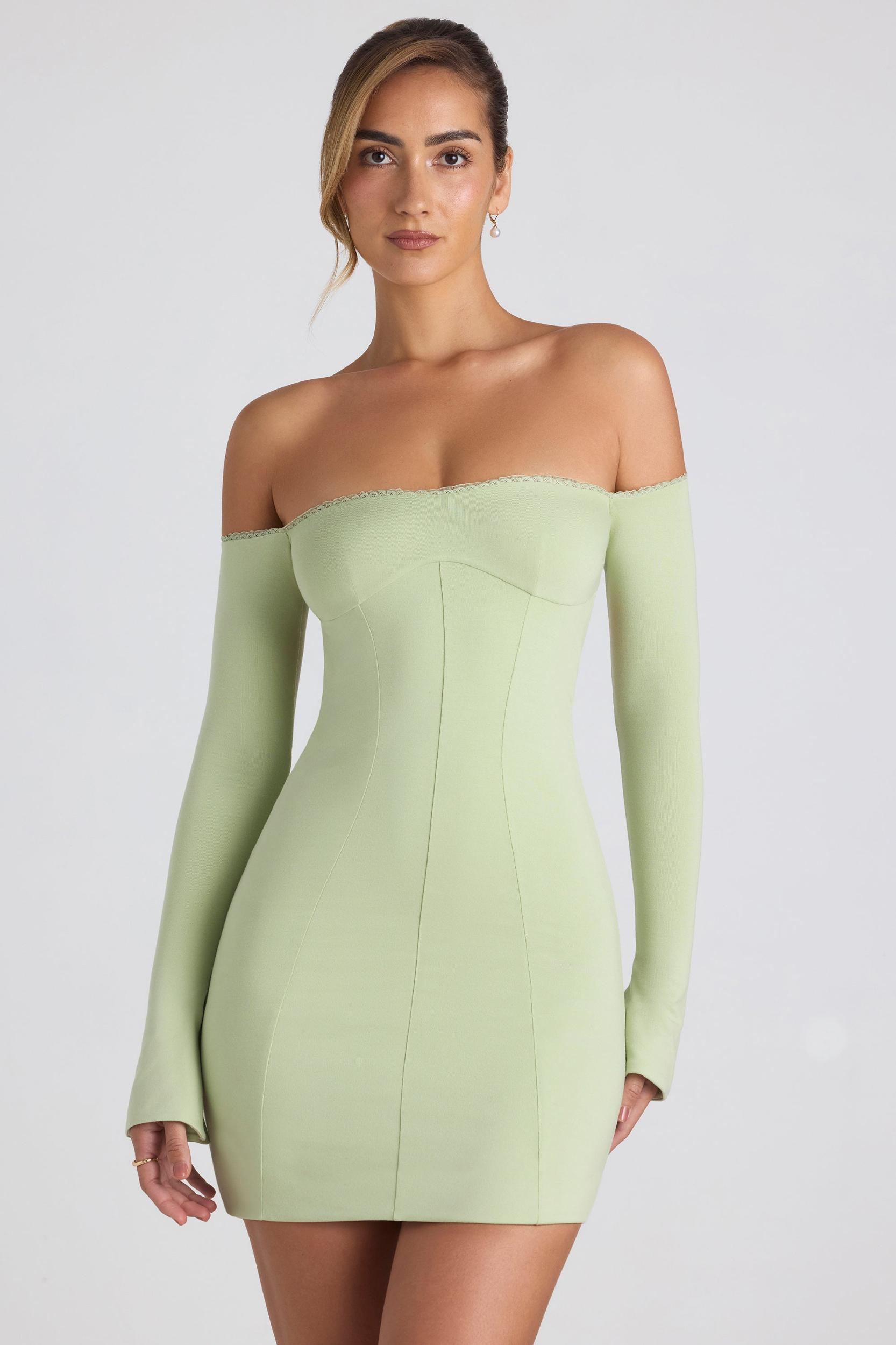 Modal Off-Shoulder Lace-Trim Mini Dress in Spring Green Product Image