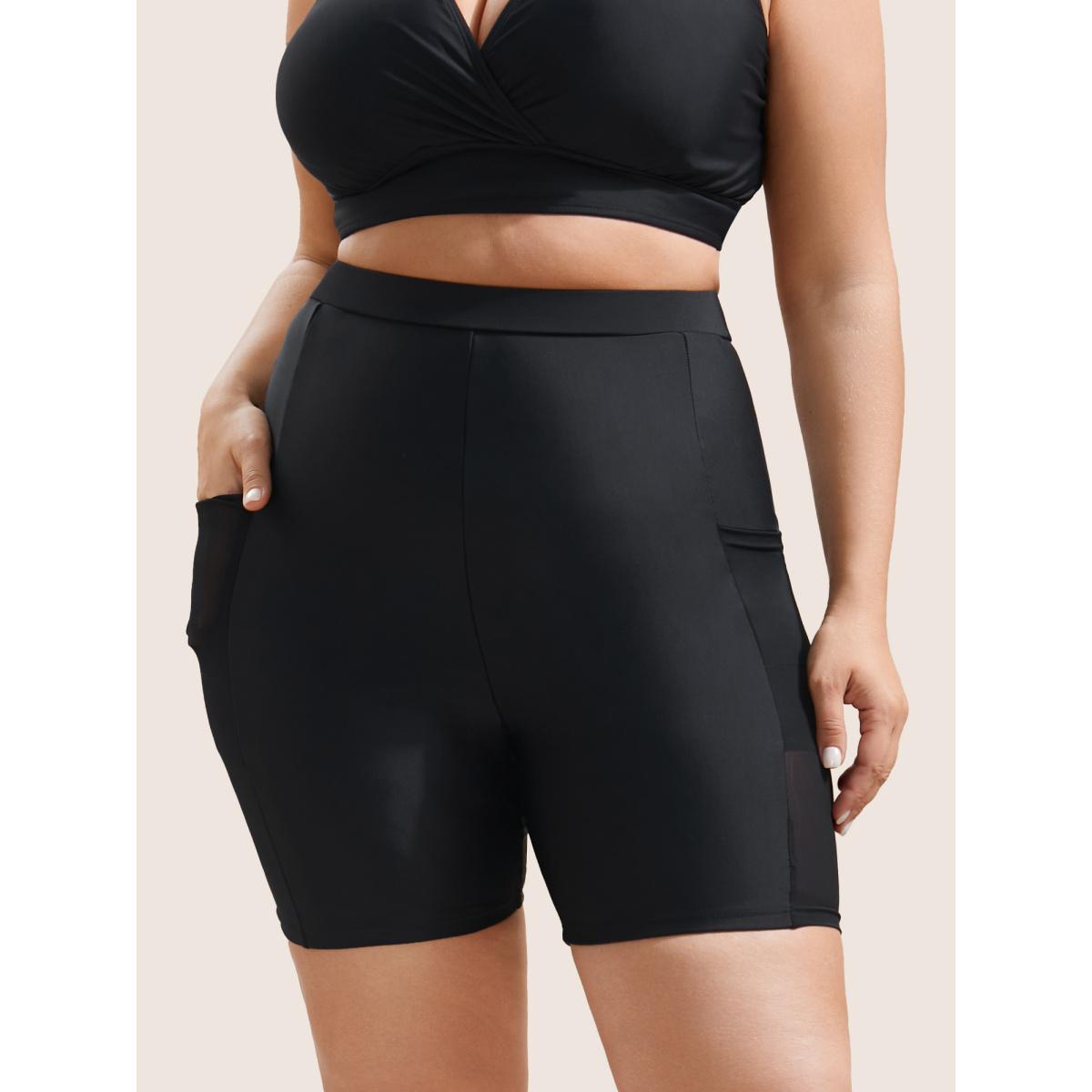 Plus Size Plain Mesh Patchwork Patched Pocket Swim Bottoms Women's Swimwear Black Resort See through High stretch Skinny High Rise Slanted pocket Curve Swim Bottoms BloomChic 22-24/3X Product Image