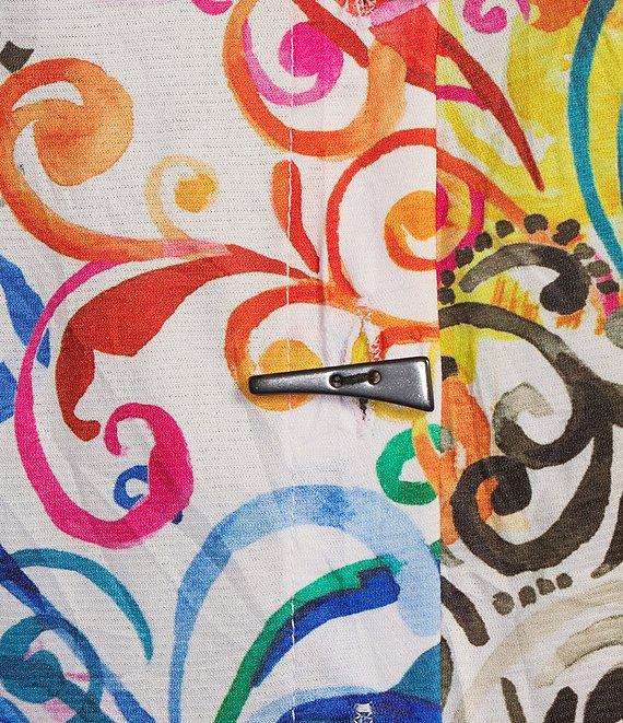 Ali Miles Petite Size Woven Abstract Multi Print Point Collar 3/4 Roll-Tab Sleeve Button Front Tunic Product Image