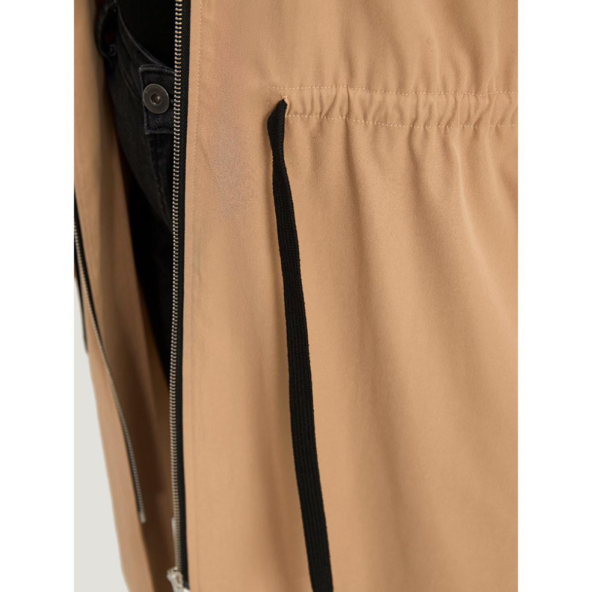 Plus Size Two Tone Drawstring Stand Collar Trench Coat Women LightBrown Dailywear Elastic cuffs Plain 28/5X Pocket Casual Trench Coats BloomChic Product Image