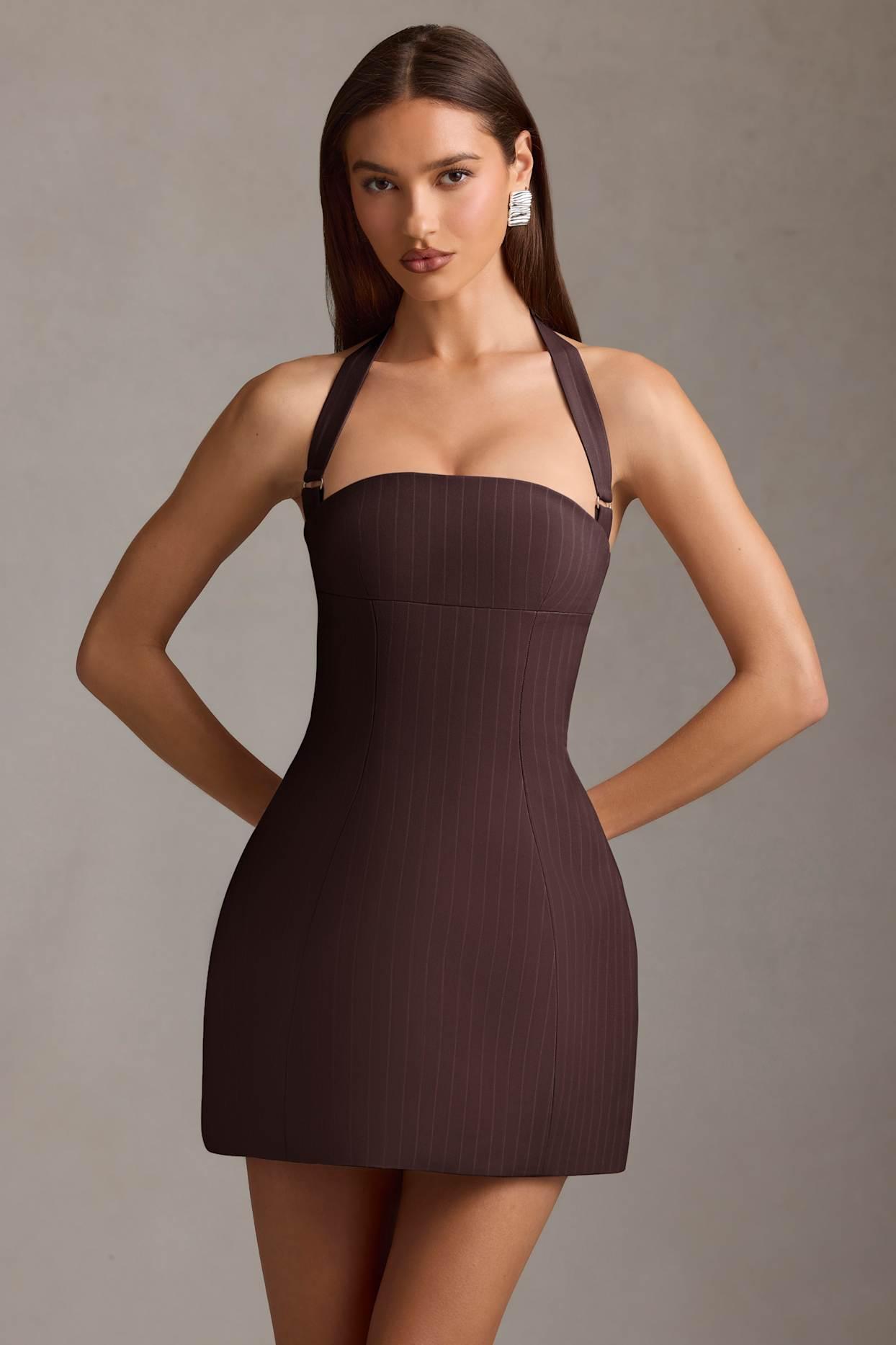 Pinstripe Halterneck Structured A-Line Mini Dress in Chocolate Brown Product Image