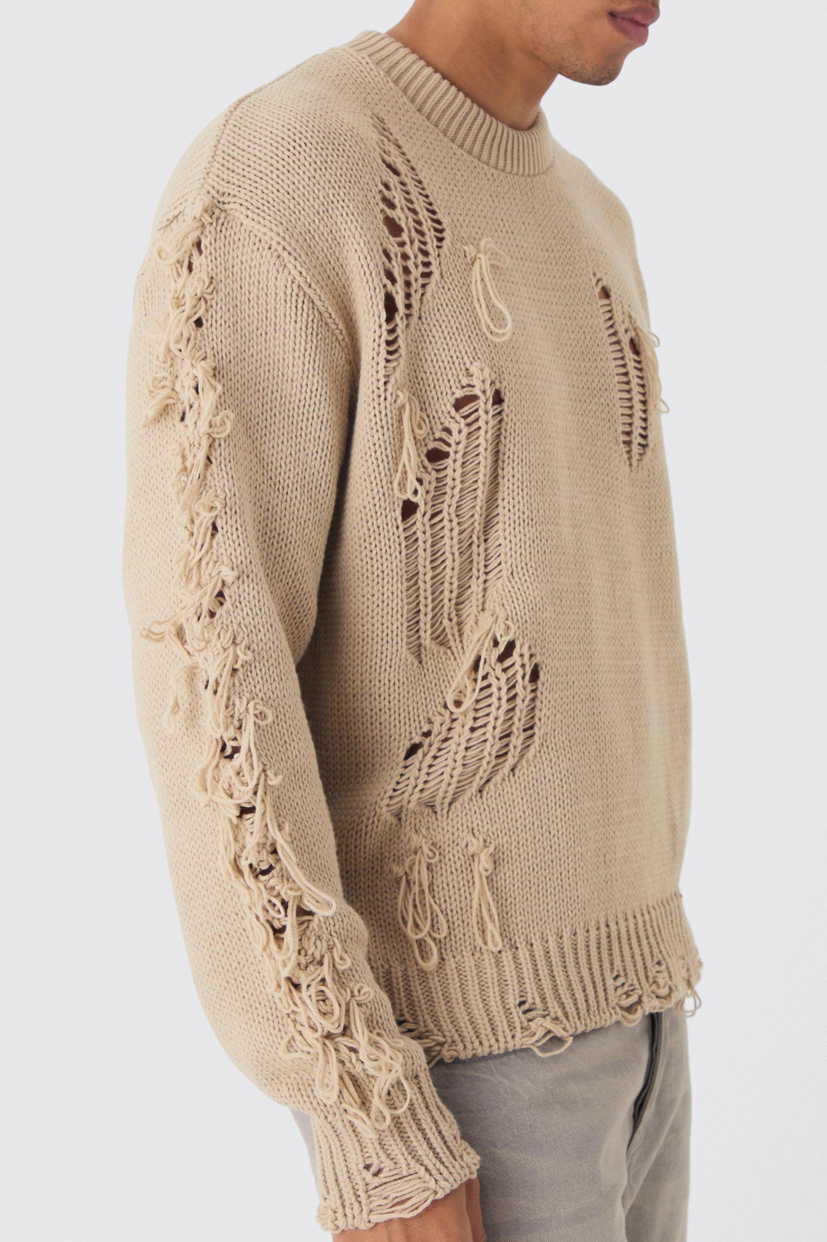 Oversized Distressed Sleeve Knitted Sweater | boohooMAN USA Product Image