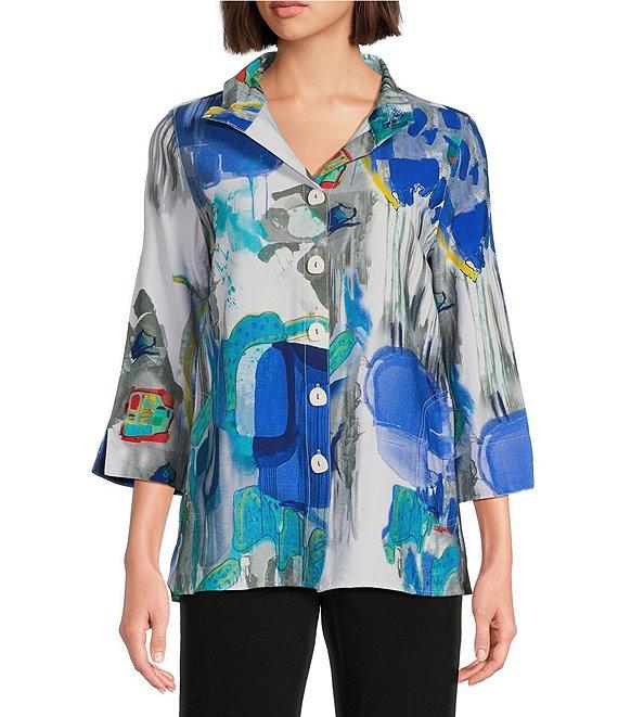 Ali Miles Petite Size Woven Abstract Print Wire Collar 3/4 Sleeve Button Front Tunic Product Image