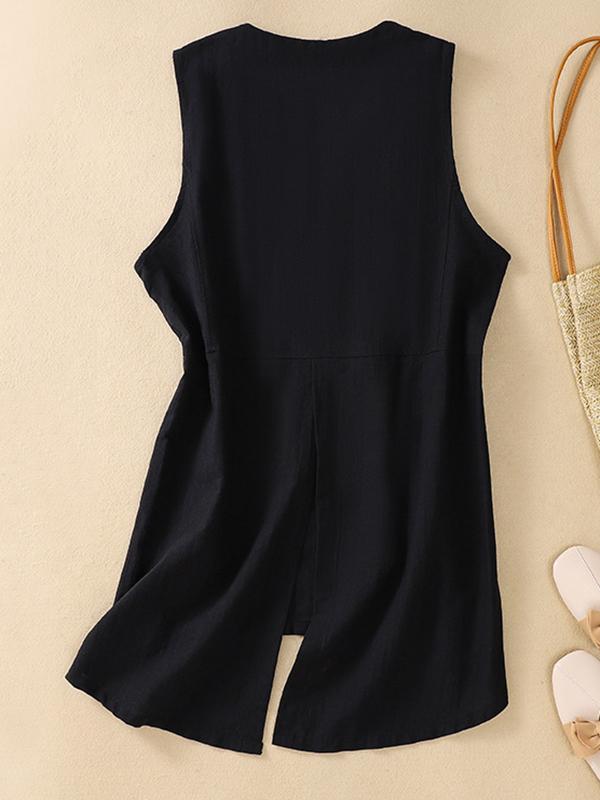 Loose Sleeveless Buttoned Solid Color V-Neck Vest Top Product Image
