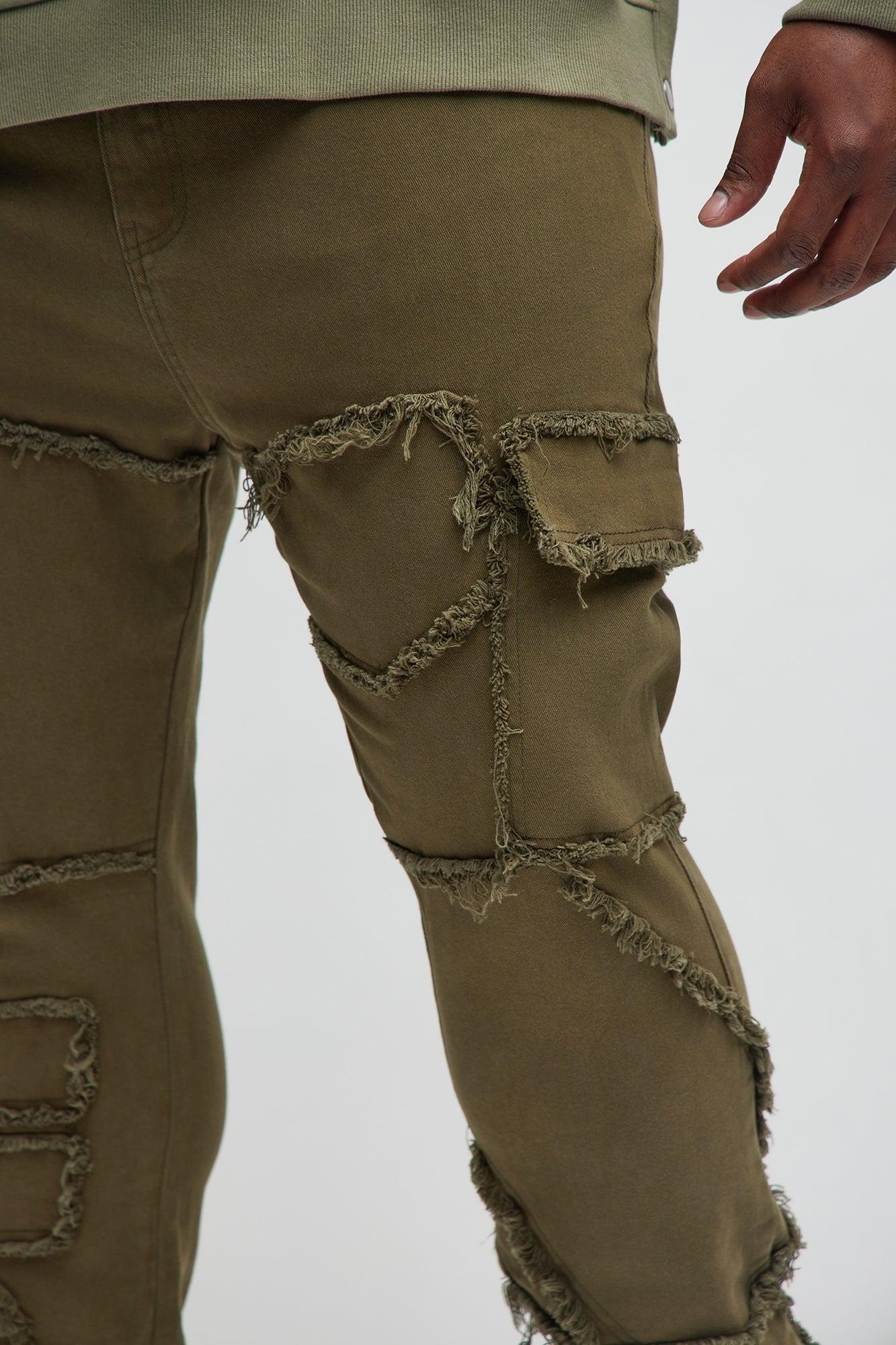 Trapping Frayed Stacked Skinny Flare Pants - Olive Product Image