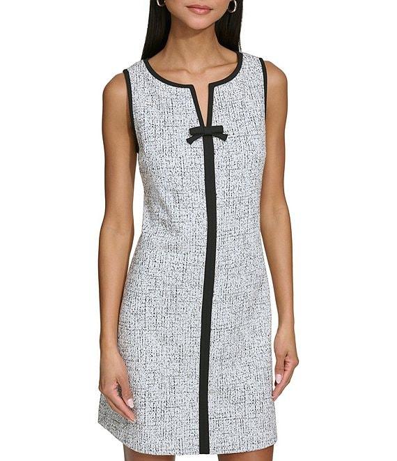 KARL LAGERFELD PARIS Speckled Jacquard Split V Neck Sleeveless Contrast Trim Bow Shift Mini Dress Product Image