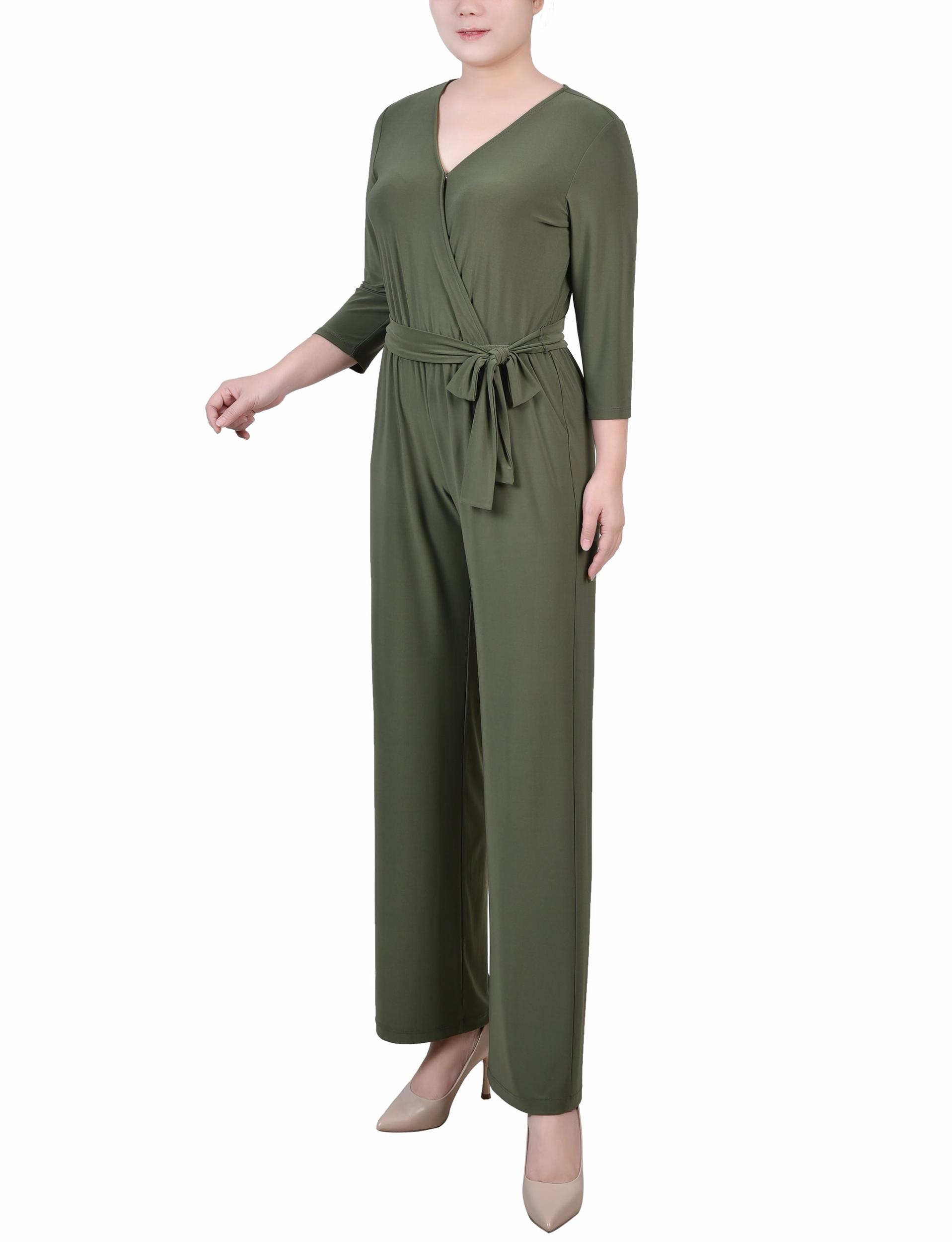 Olive Short 3/4 Sleeve Belted Jumpsuit - Petite Product Image