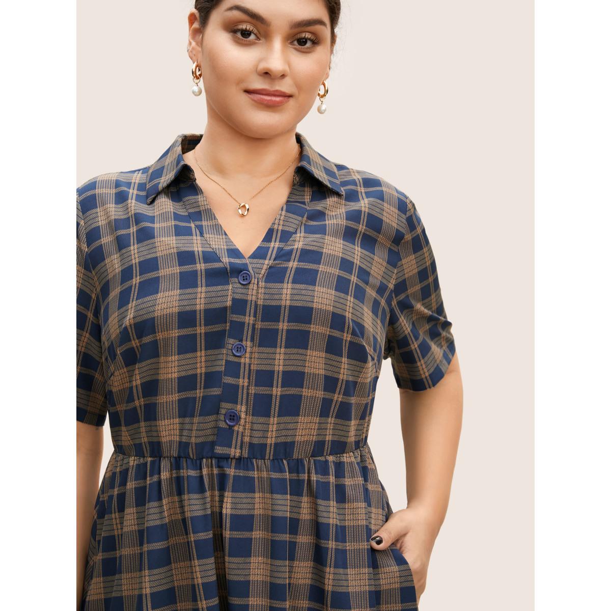 Plus Size Plaid Button Up Elastic Waist Pocket Dress DarkBlue Women At the Office Button Shirt collar Short sleeve Curvy BloomChic 10/M Product Image