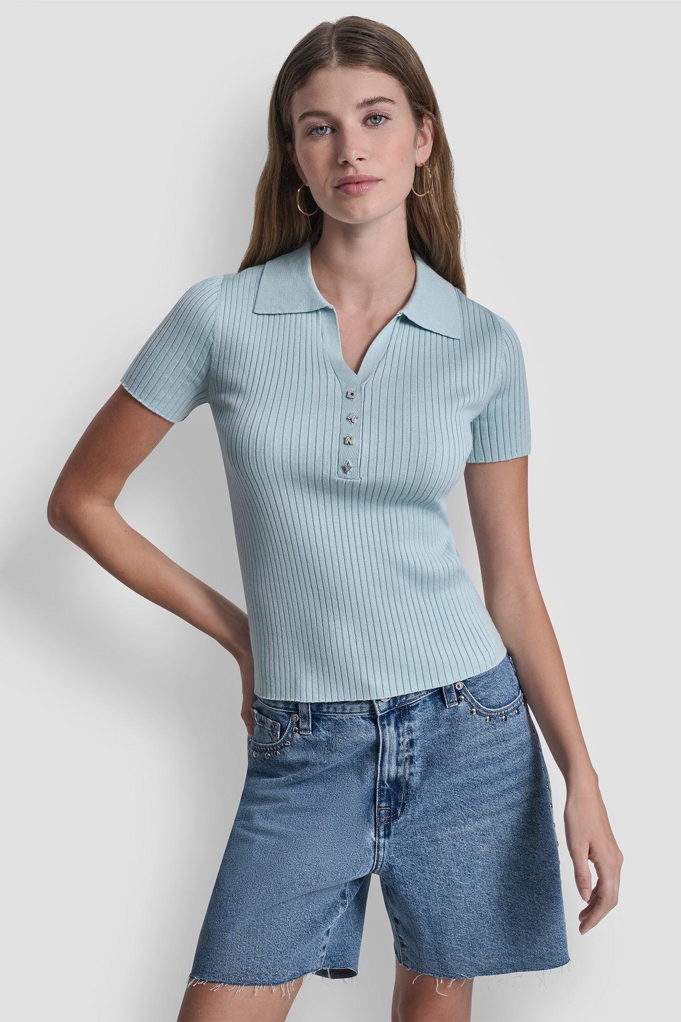 RIBBED POLO WITH RHINESTONE BUTTONS Product Image