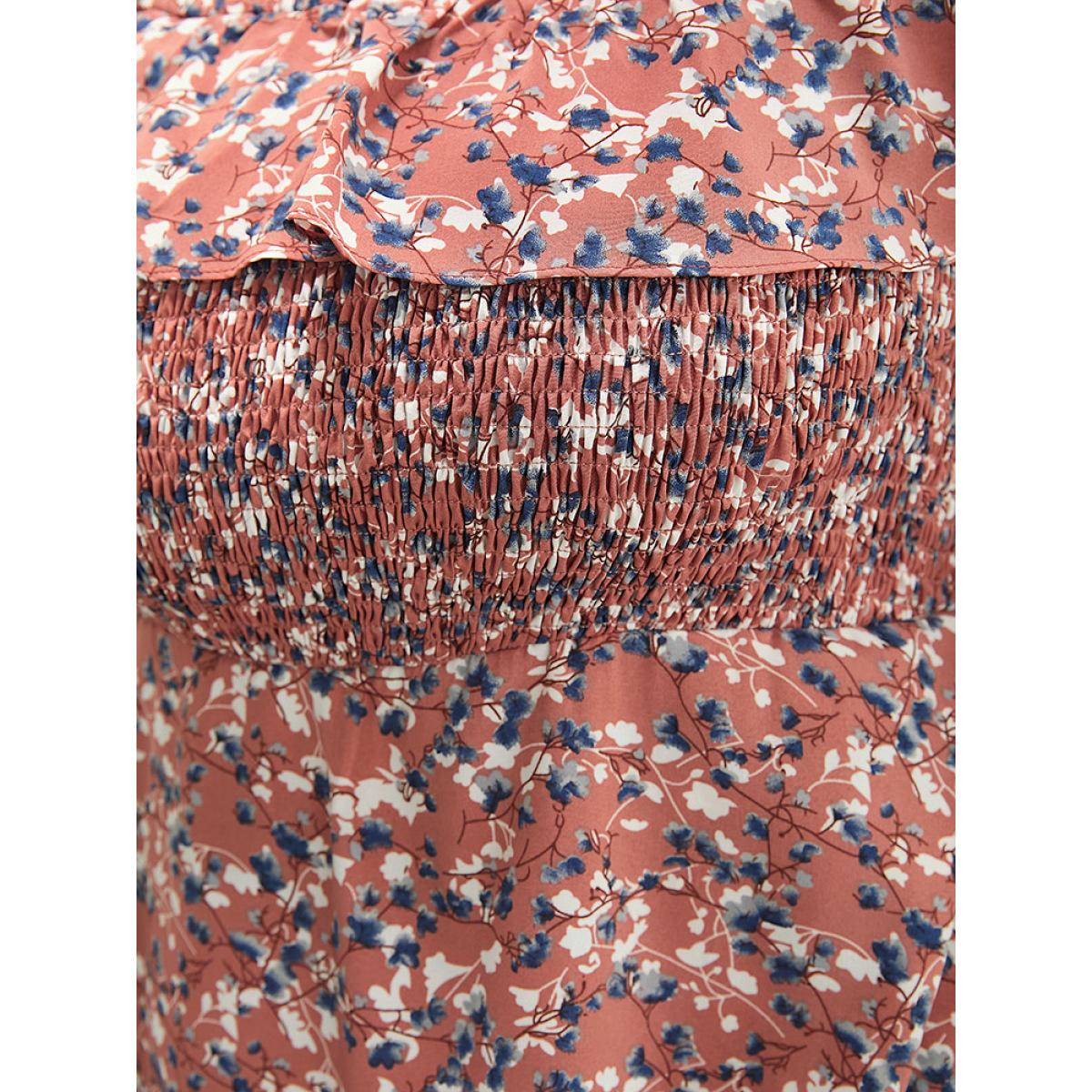 Plus Size Ditsy Floral Cold Shoulder Shirred Pocket Ruffle Lace Hem Dress Salmon Women Elegant Adjustable Straps Cold Shoulder Short sleeve Curvy Knee Dress BloomChic 12/L Product Image