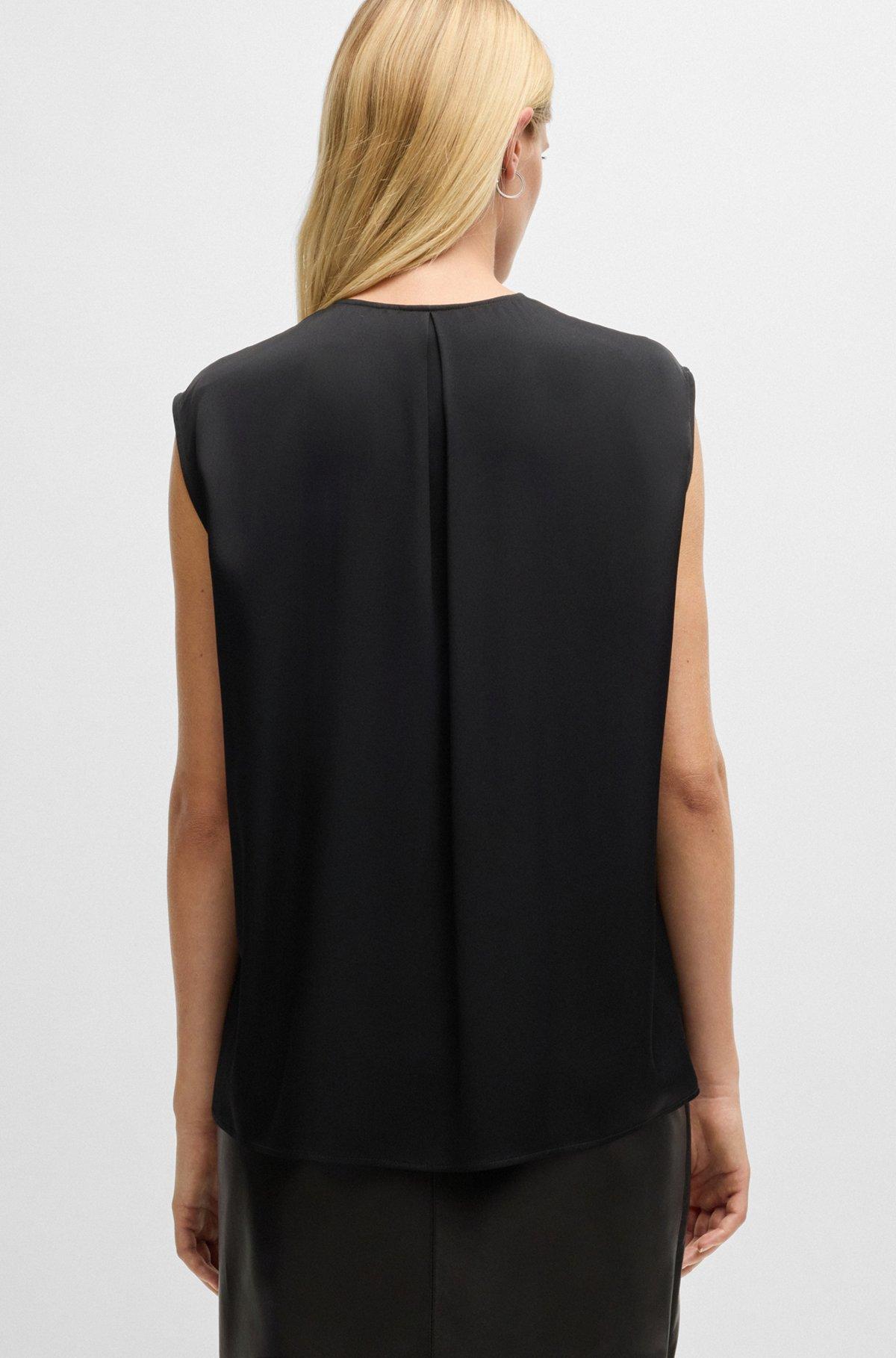 BOSS - Fitted sleeveless blouse in stretch silk with concealed placket - Black Product Image