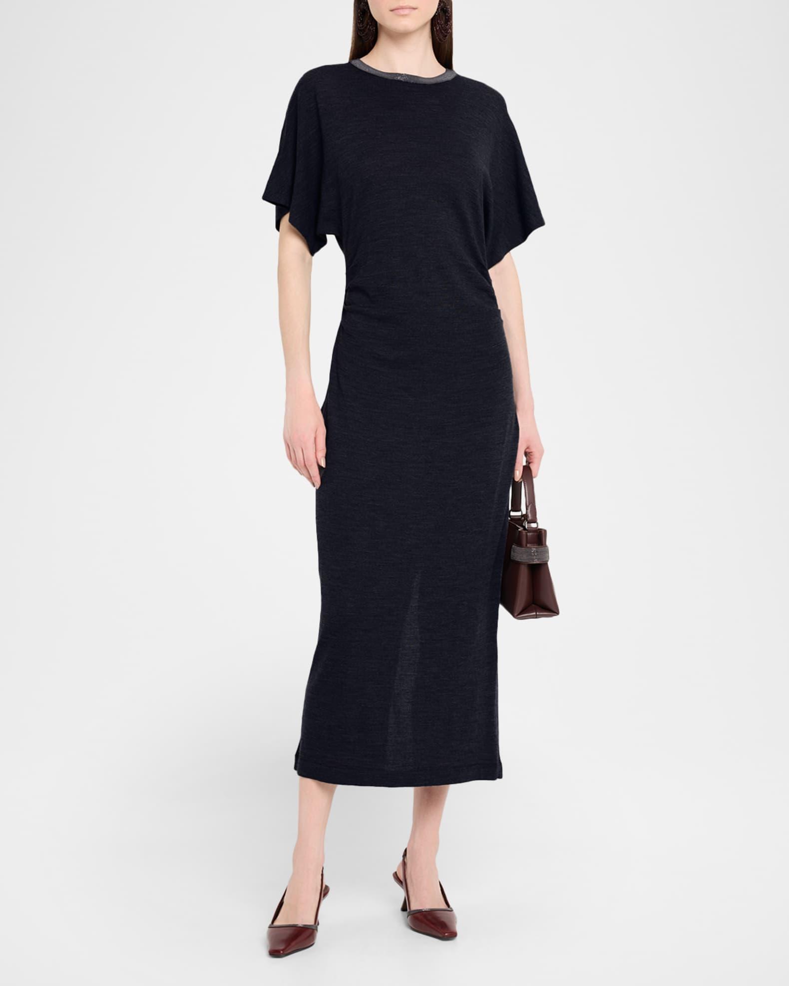 Monili-Neck Short-Sleeve Gathered Wool Jersey Midi T-Shirt Dress Product Image