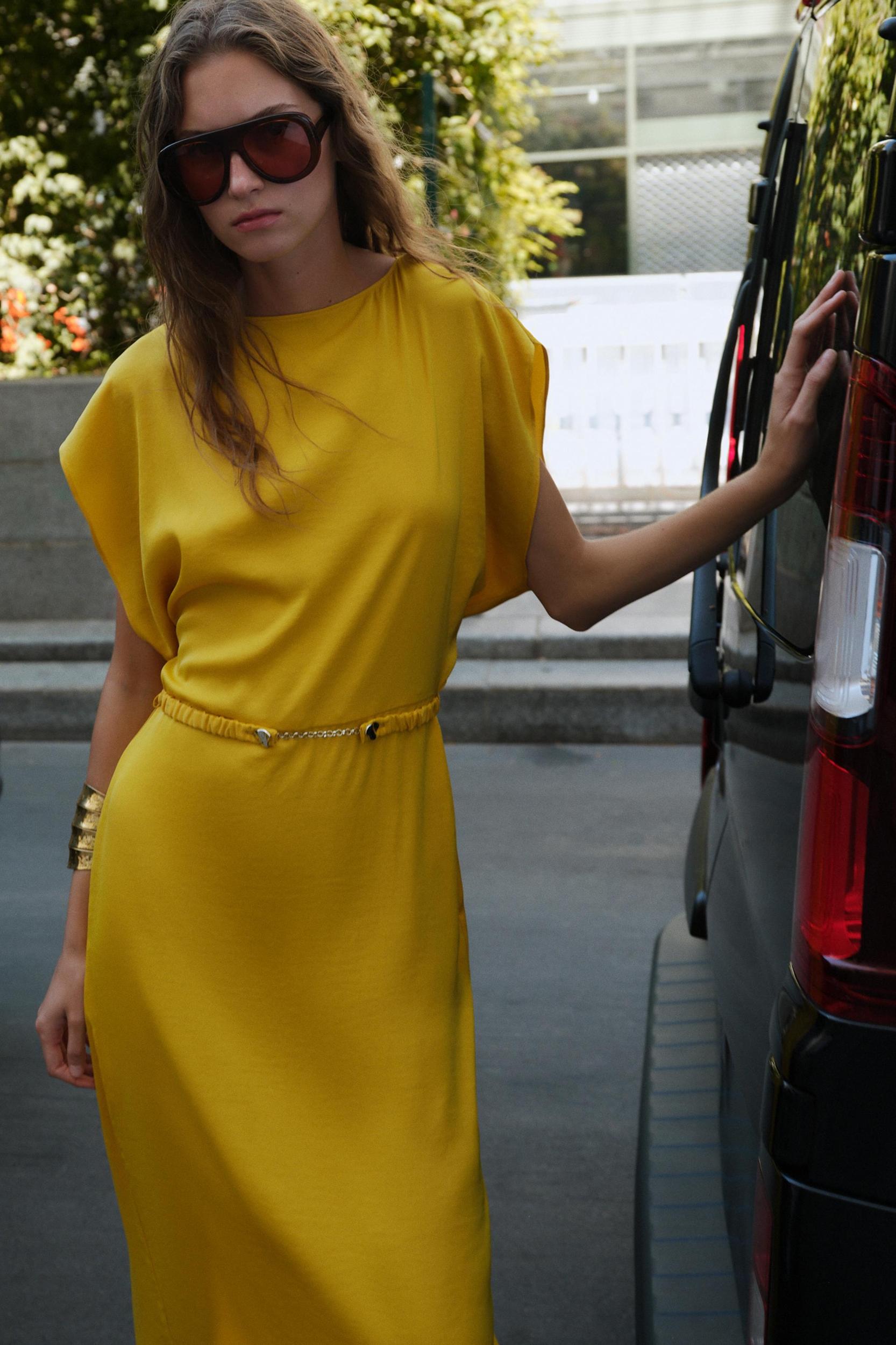 BELTED SATIN EFFECT MIDI DRESS Product Image