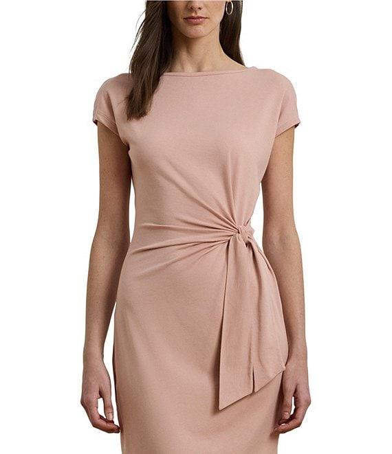 Lauren Ralph Lauren Knit Boat Neck Short Sleeve Front Tie Sheath Midi Dress Product Image