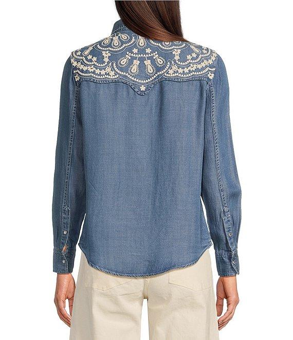 Reba Arizona Point Collar Long Sleeve Embroidered Button Front Top Product Image