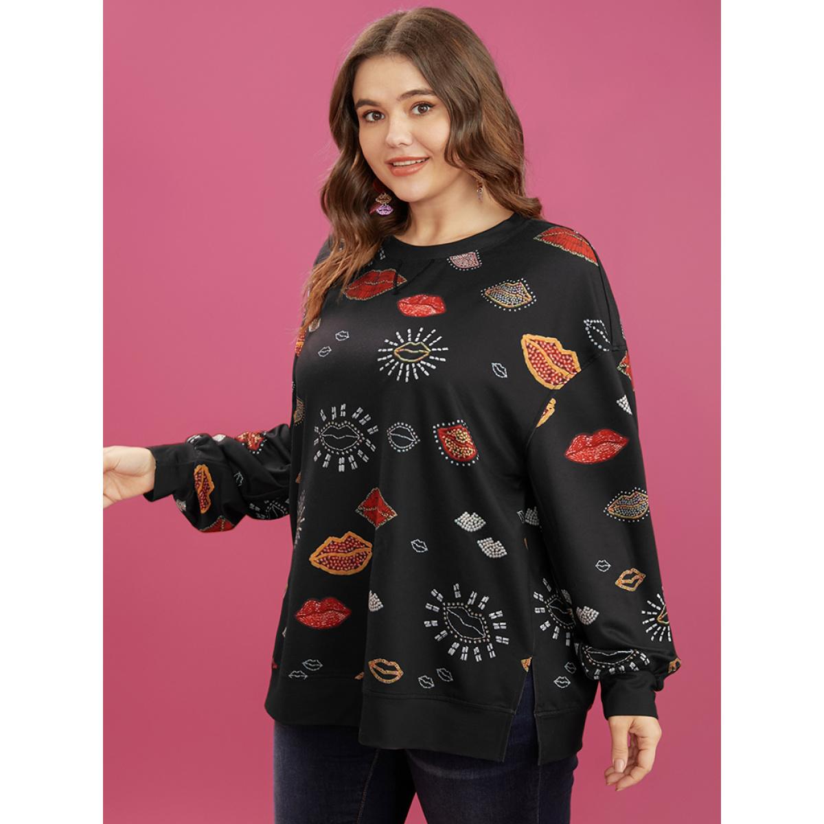 Plus Size Lip Print Split Hem Drop Shoulder Sweatshirt Women Black Casual Slit Round Neck Dailywear Sweatshirts BloomChic 28/5X Product Image