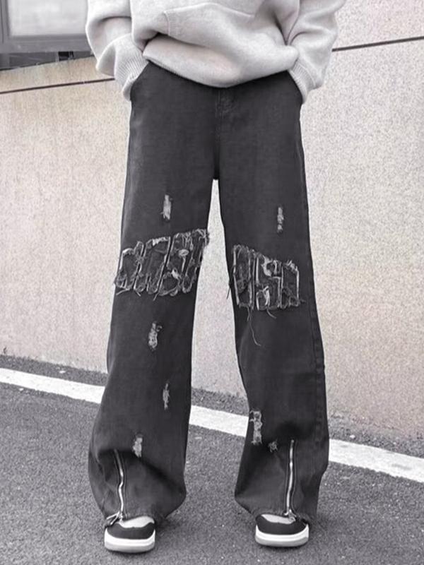 Men's Vintage Raw Trim Ripped Zip Up Loose Jeans Product Image