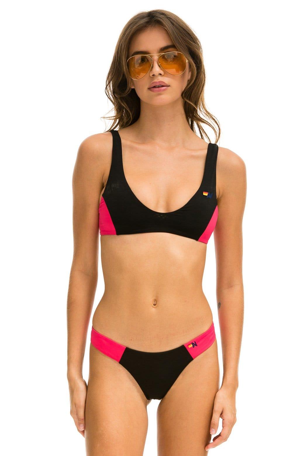 HI-CUT COLOR BLOCK CHEEKY BIKINI BOTTOMS - BLACK // RED Female Product Image