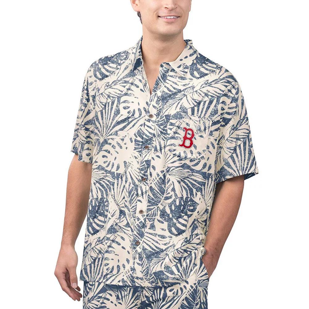 Men's Margaritaville Navy Boston Red Sox Monstera Print Party Button-Up Shirt, Size: Large, Blue Product Image