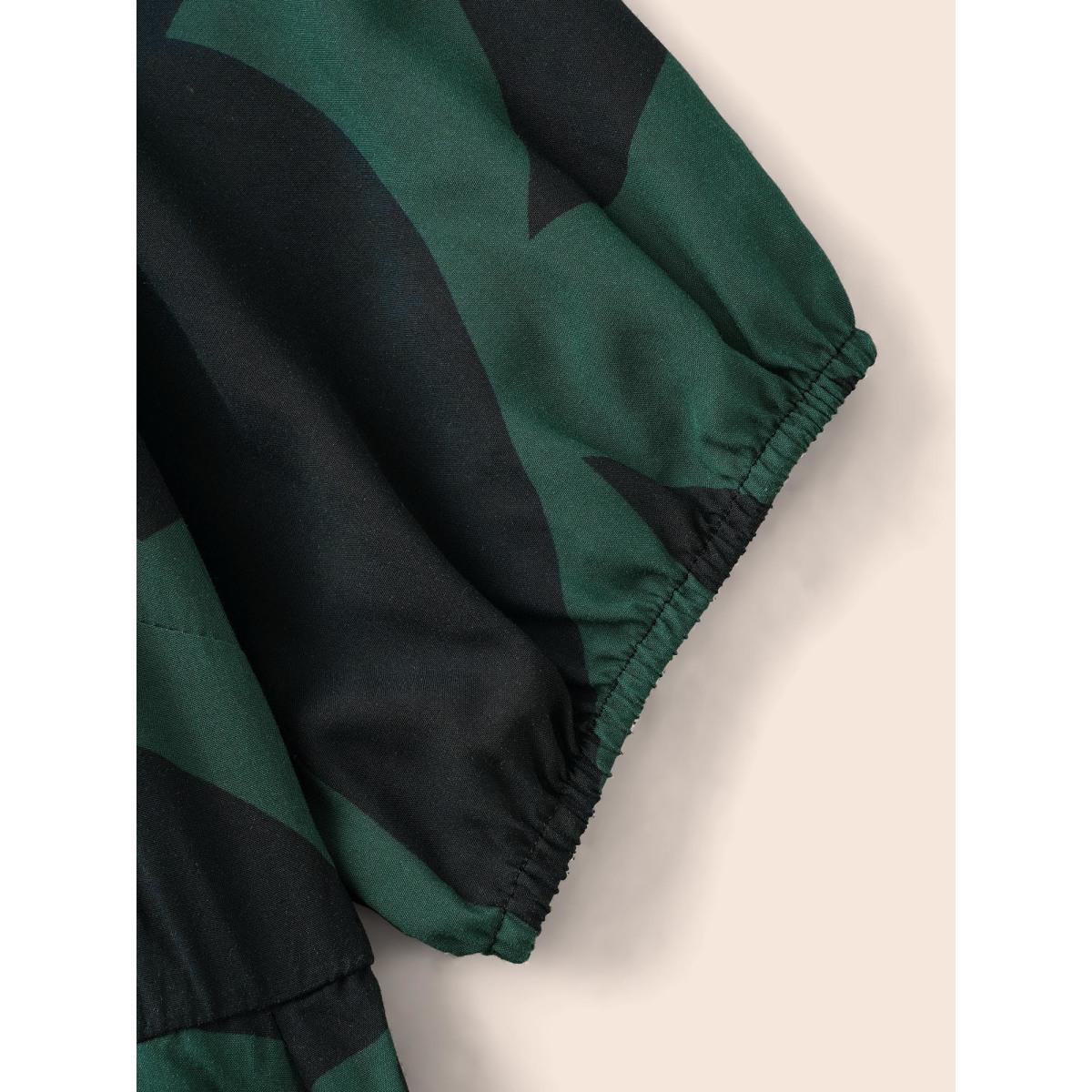 Plus Size Plant Pocket Puff Sleeve Belt Ruffle Hem Button Up Dress DarkGreen Women Office Belted Shirt collar Short sleeve Curvy Knee Dress BloomChic 22-24/3X Product Image