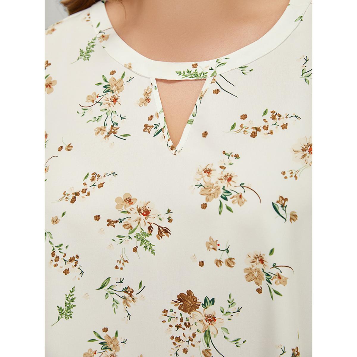 Plus Size White Floral Cuffed Sleeve Hanky Hem Keyhole Neck Blouse Women Elegant Half Sleeve V-neck Dailywear Blouses BloomChic 12/L Product Image
