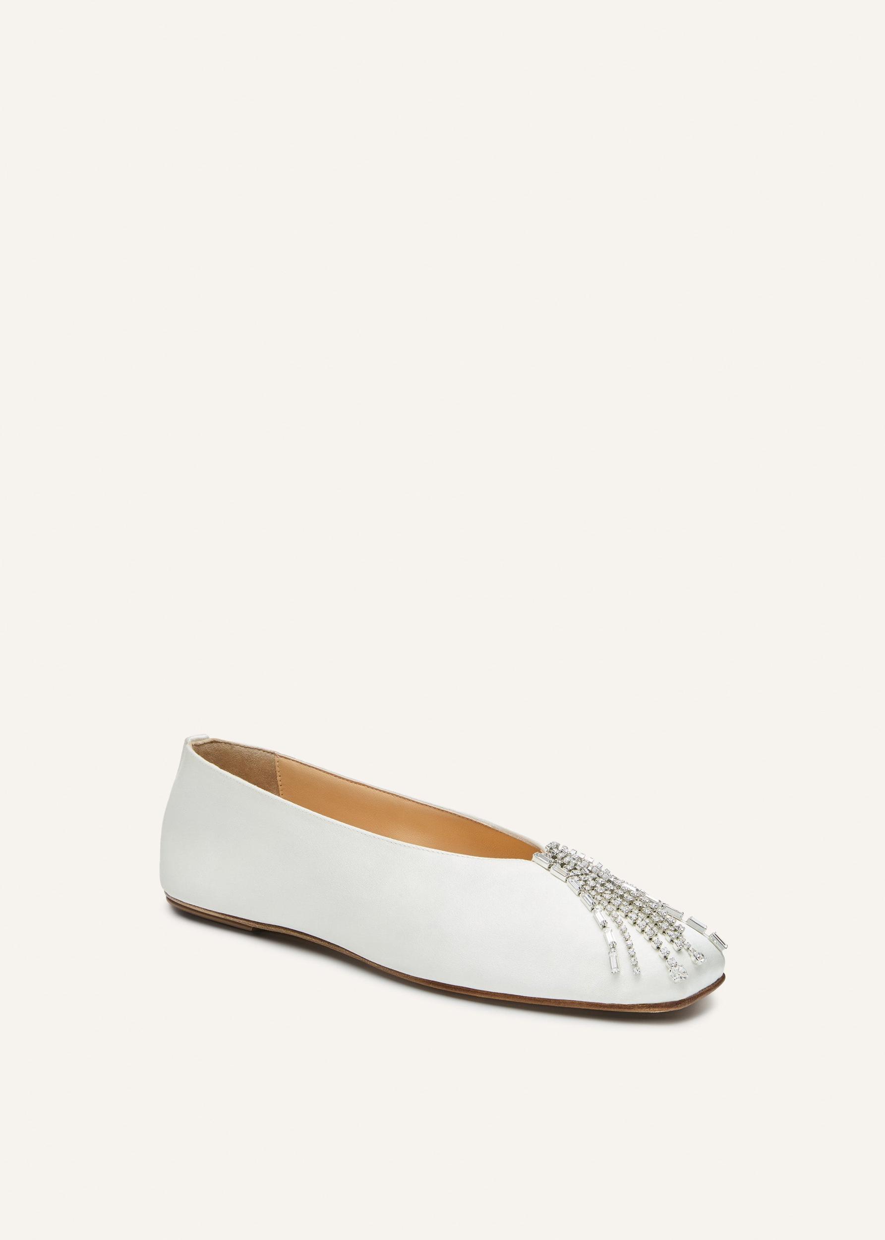 Crystal-embellished satin flats in white Product Image