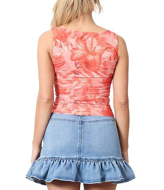 Stevie by Steve Madden Mesh Floral Print Boat Neck Ruched Tank Top Product Image