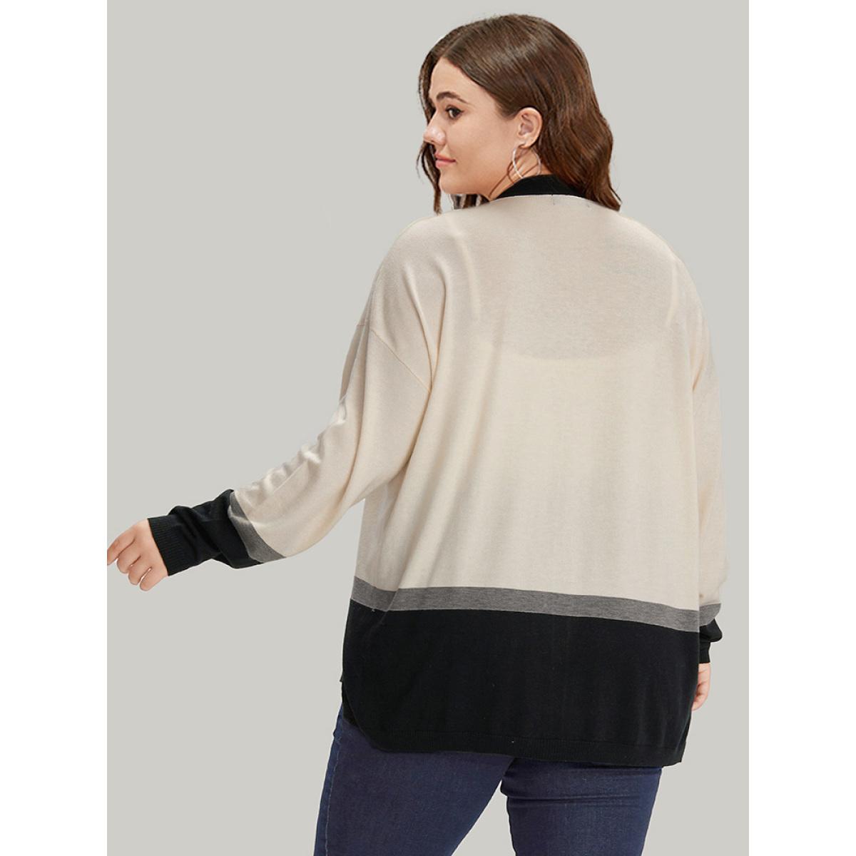 Plus Size Supersoft Essentials Colorblock Contrast Elastic Cuffs Cardigan Apricot Women Casual Loose Long Sleeve Office Cardigans BloomChic 12/L Product Image