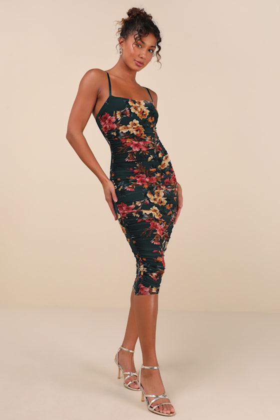 Date Night Beauty Dark Green Floral Print Mesh Ruched Midi Dress Product Image
