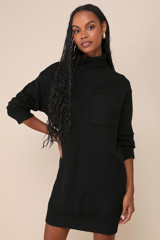Positively Charming Black Turtleneck Mini Sweater Dress Product Image