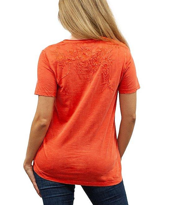 Karyn Seo Marya Geometric Floral Embroidered V-Neck Short Sleeve Top Product Image