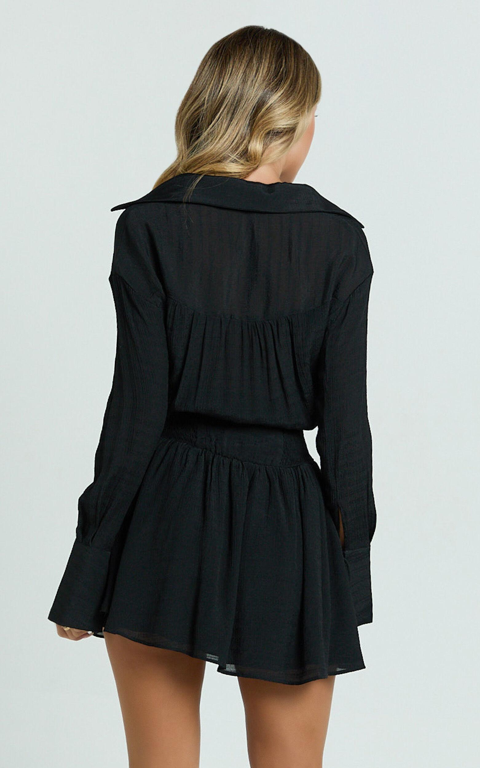 Valerie Mini Dress - Collared Long Sleeve Corset Waist Shirt Dress in Black Product Image