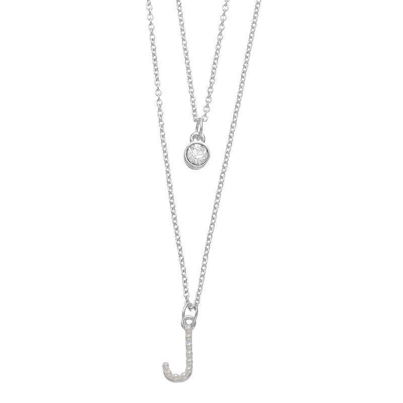 City Luxe Fine Silver Plated Cubic Zirconia & Simulated Pearl Initial Duo Necklace Set, Women's, Silver Tone J Product Image