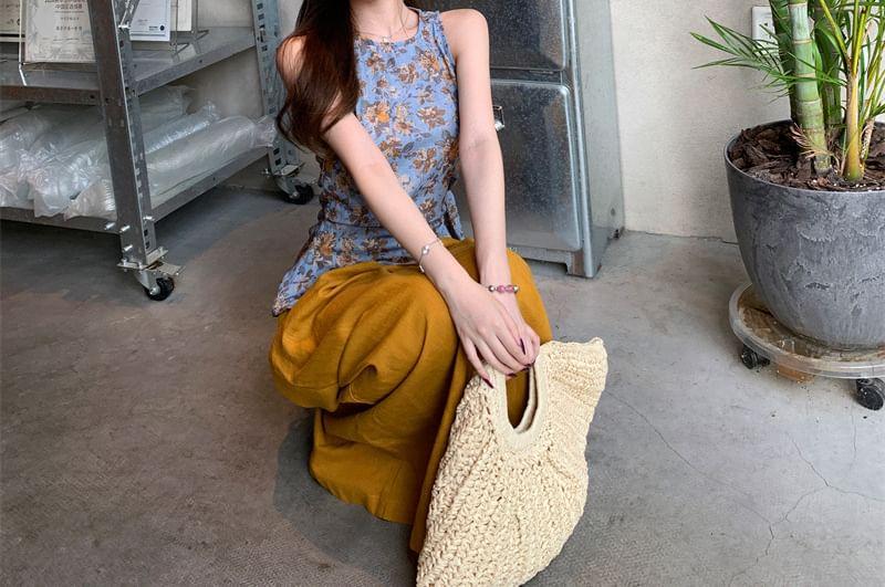 Sleeveless Round Neck Floral Print Top / High Rise Wide Leg Pants Product Image
