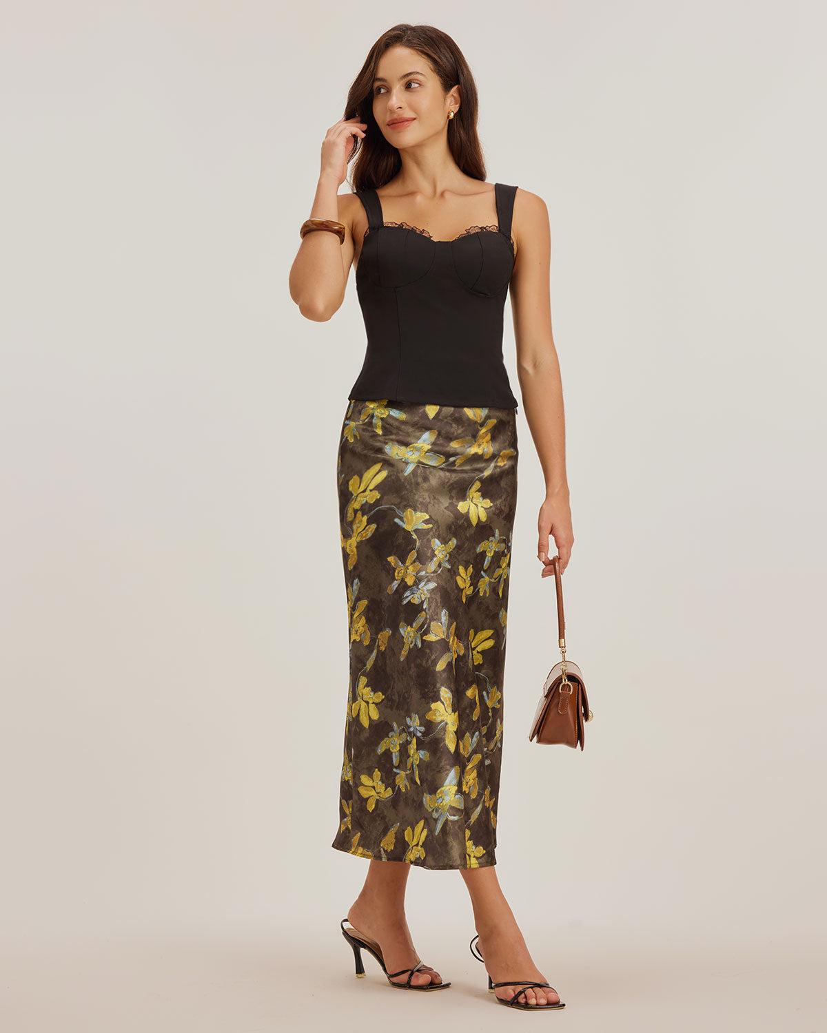 Yellow Floral Straight Midi Skirt Product Image