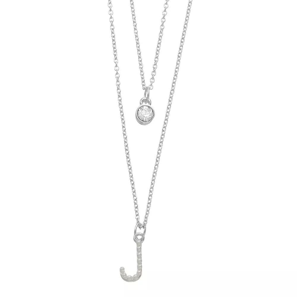 City Luxe Fine Silver Plated Cubic Zirconia & Simulated Pearl Initial Duo Necklace Set, Women's, Silver Tone J Product Image