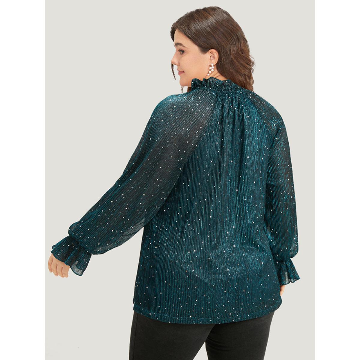 Plus Size Cyan Halloween Sequin Stand Collar Rhinestone Mesh Blouse Women Party Long Sleeve Stand-up collar Festival-Halloween Blouses BloomChic 12/L Product Image