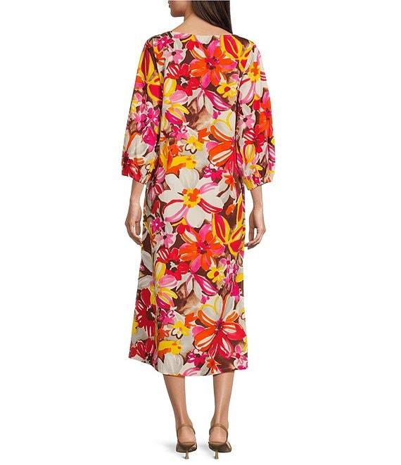 FRANCES VALENTINE Minnow Sun Flower Boat Neck 3/4 Sleeve Midi Dress Product Image