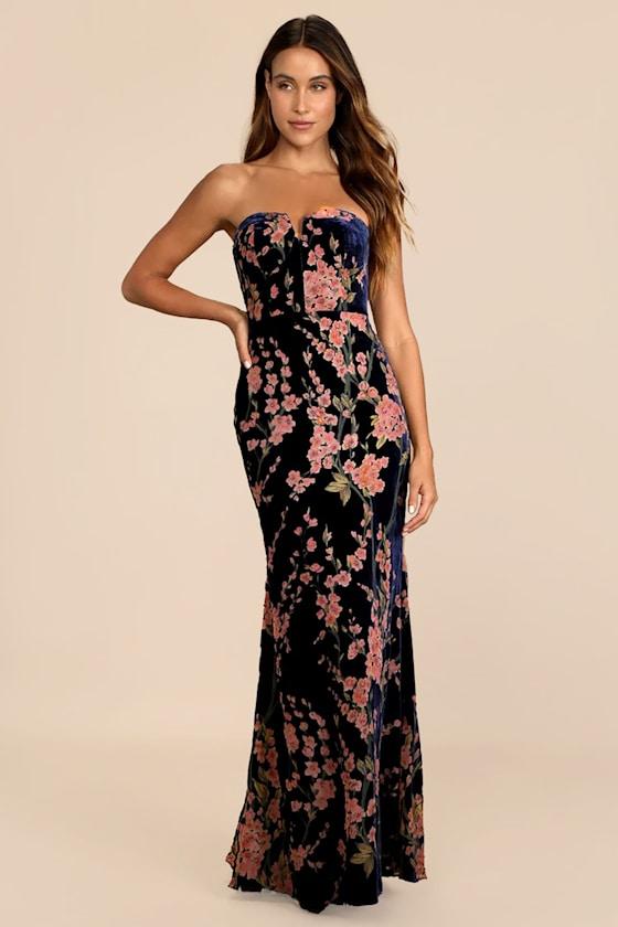 Bloom In Mind Navy Blue Floral Print Velvet Strapless Maxi Dress Product Image