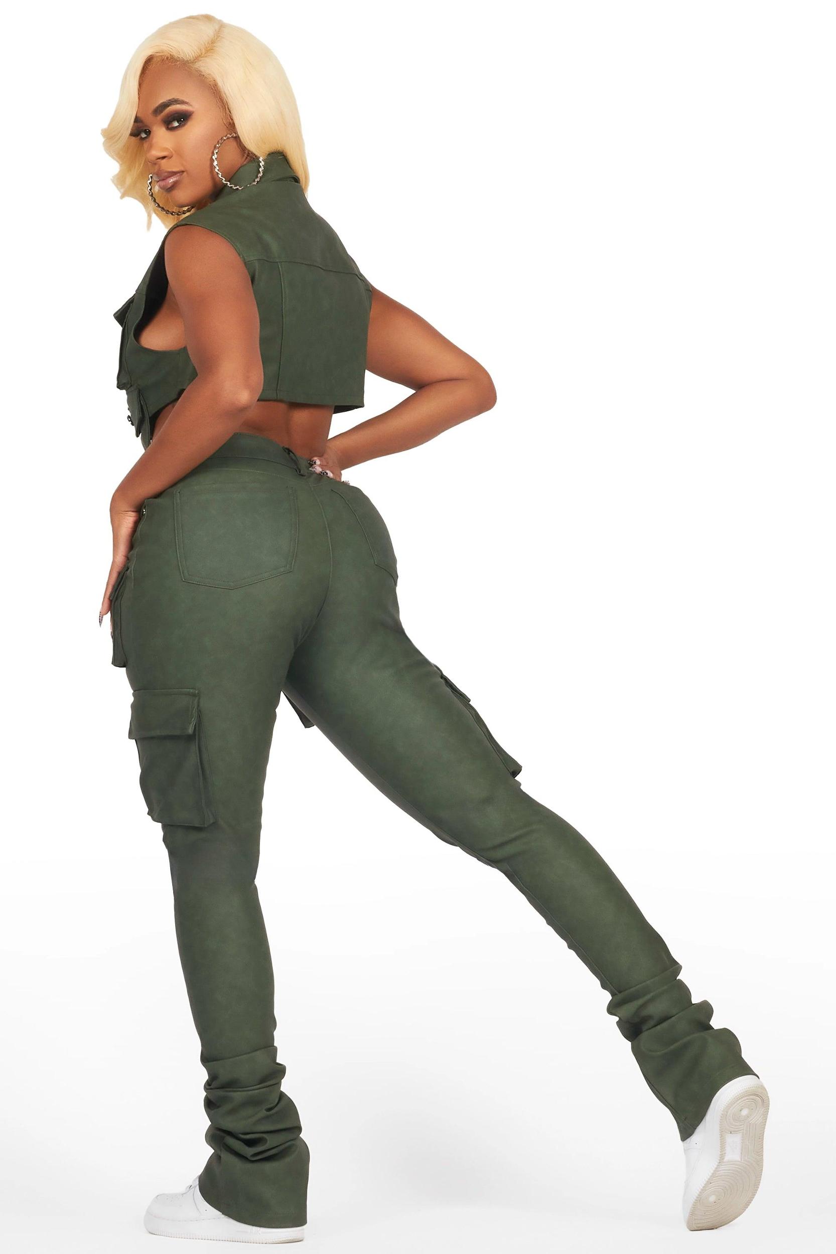 Kiedra Green Cargo Super Stacked PU Pant Female Product Image