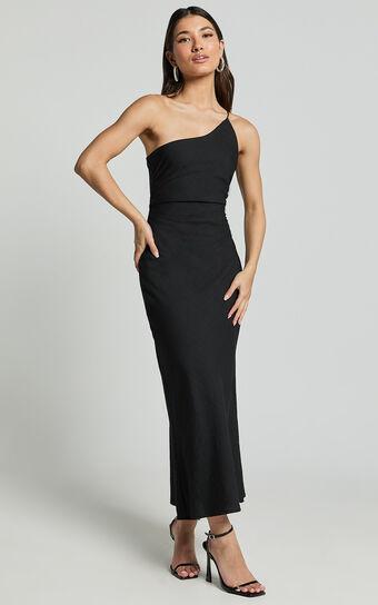 Devon Maxi Dress - One Shoulder Slip Dress in Black Product Image
