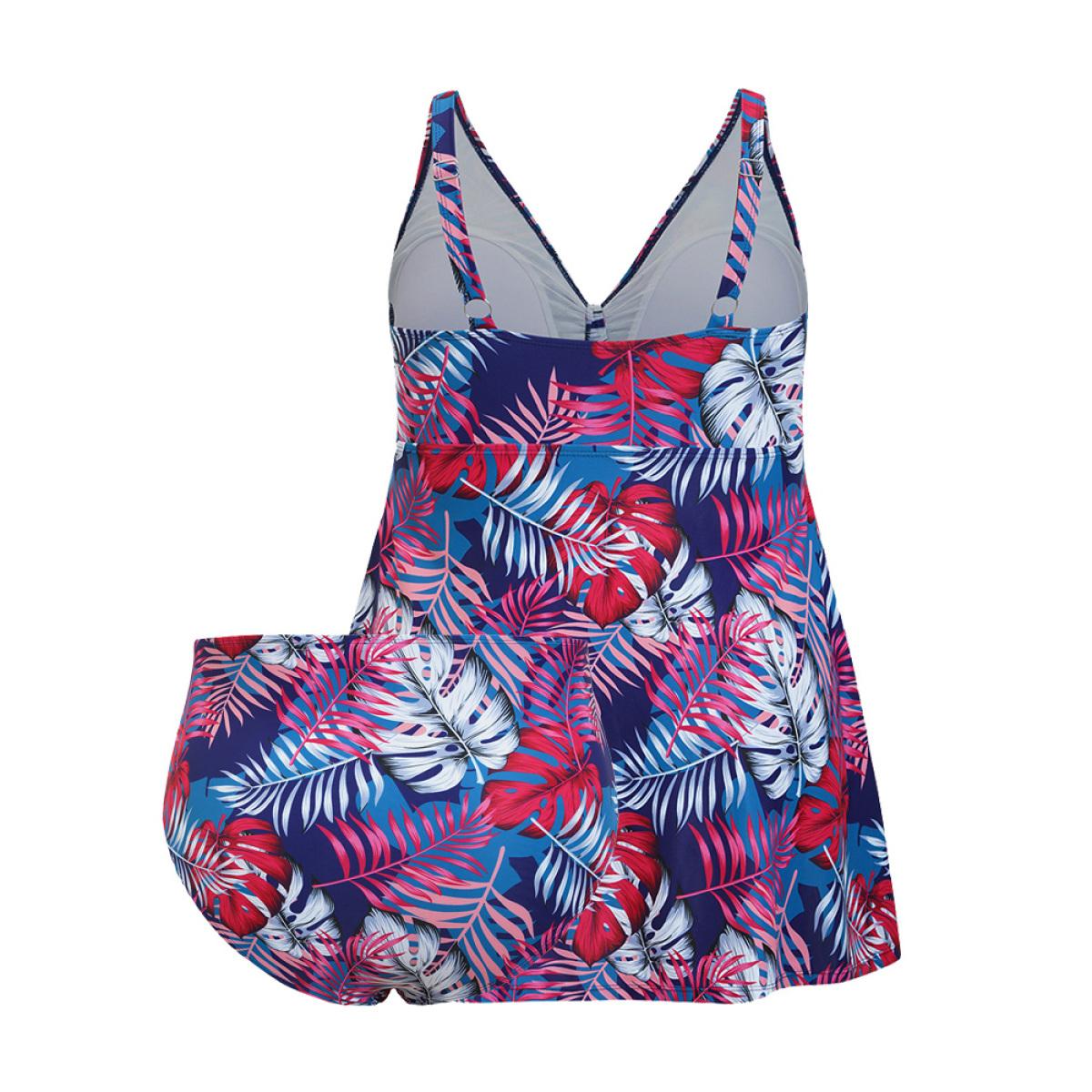 Plus Size Tropical Print Knotted Front Swim Dress Women's Swimwear Indigo Vacation Bodycon V-neck High stretch Curve Swim Dresses BloomChic 12/L Product Image