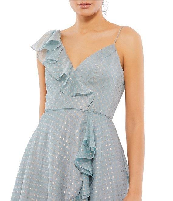 Mac Duggal Faux Wrap Ruffle V-Neck Cap Sleeve Spaghetti Strap Tiered High-Low Hem Midi Dress Product Image